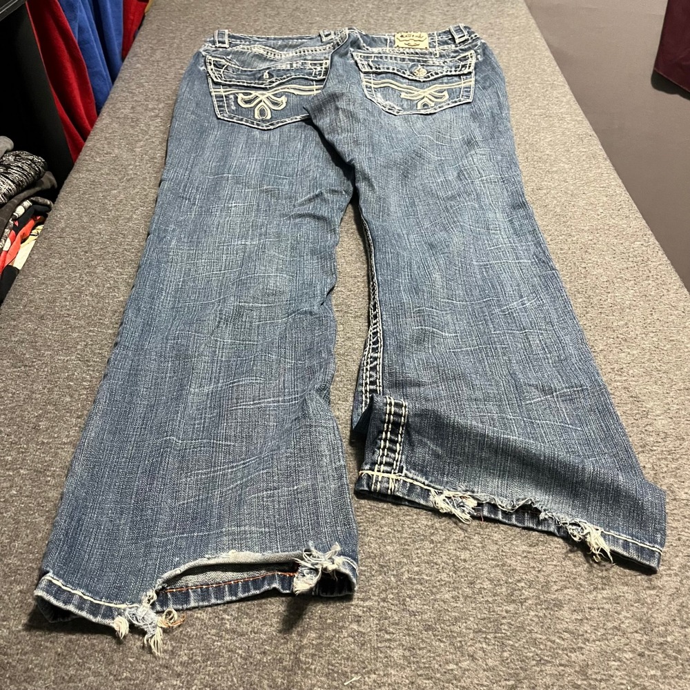 Rock Revival Derek Straight Leg Distressed Jeans Mens 36x33 Blue Fleur De Lis